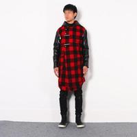 BRITISH STYLE RED BLACK PLAID FAUX LEATHER SLEEVE LONG COAT JACKET - Thumbnail 1