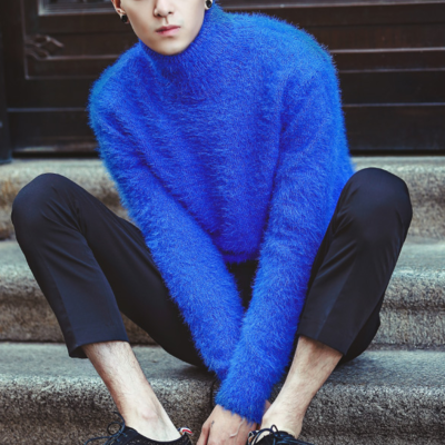 Japanese fashion week high-necked pure blue woolen sweater