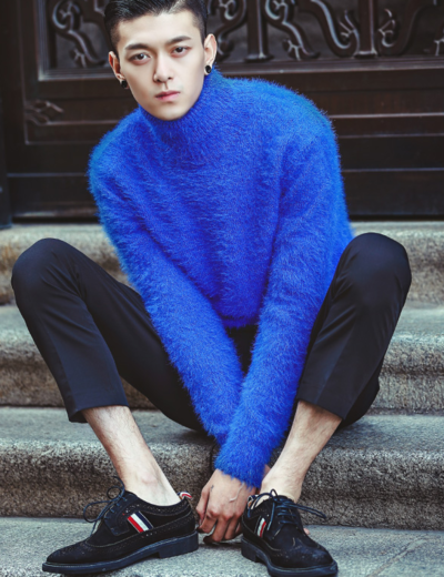 JAPANESE FASHION WEEK HIGH-NECKED PURE BLUE WOOLEN SWEATER