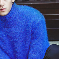JAPANESE FASHION WEEK HIGH-NECKED PURE BLUE WOOLEN SWEATER - Thumbnail 2