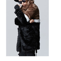 SLIVIIA BRITISH STREET DESIGN RAYON FUR BROWN BLACK WHITE STRIPED LONG COAT  - Thumbnail 3