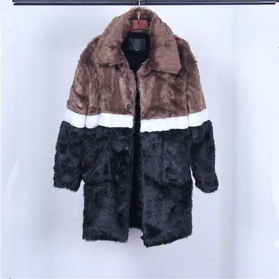 SLIVIIA BRITISH STREET DESIGN RAYON FUR BROWN BLACK WHITE STRIPED LONG COAT 
