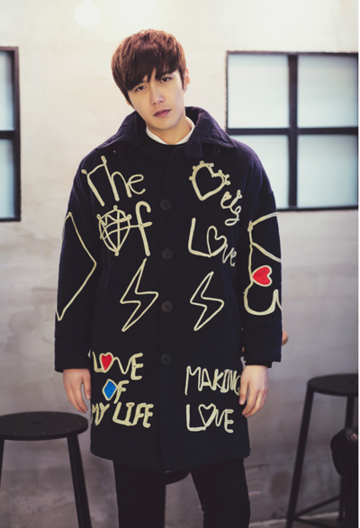 KOREAN STYLE HEART EMBROIDERED DARK BLUE THICK LONG COAT