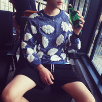 NAVY BLUE JAPANESE FASHION LEAVES PRINTED SWEATSHIRT - Thumbnail 1