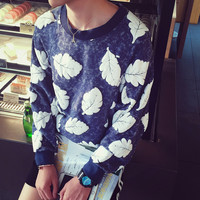 NAVY BLUE JAPANESE FASHION LEAVES PRINTED SWEATSHIRT - Thumbnail 2