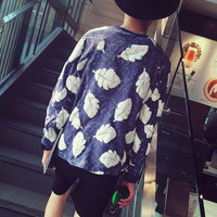 NAVY BLUE JAPANESE FASHION LEAVES PRINTED SWEATSHIRT - Thumbnail 3