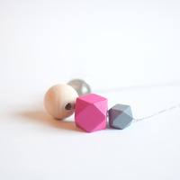 Pink Wooden Bead Glass Necklace NL0968 - Thumbnail 2