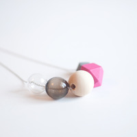 Pink Wooden Bead Glass Necklace NL0968 - Thumbnail 3