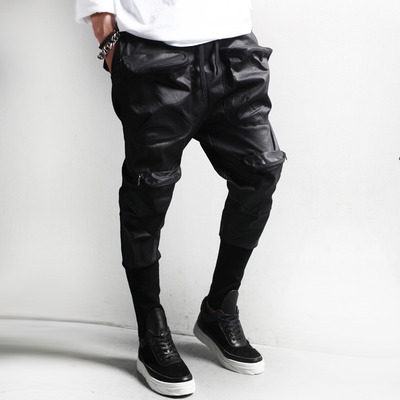 DROP CROTCH SYNTHETIC LEATHER SWEAT JOGGER PANTS