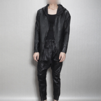 JAPANESE STREET STYLE 2 SIDED ZIPPER SYNTHETIC LEATHER DROP CROTCH PANTS - Thumbnail 1