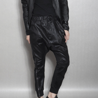 Japanese street style 2 sided zipper synthetic leather drop crotch pants - Thumbnail 5