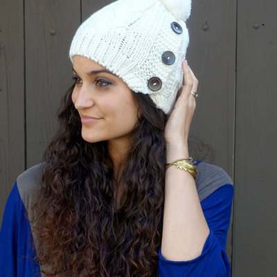 3 button pom pom hat knit beanie winter white knit cap 