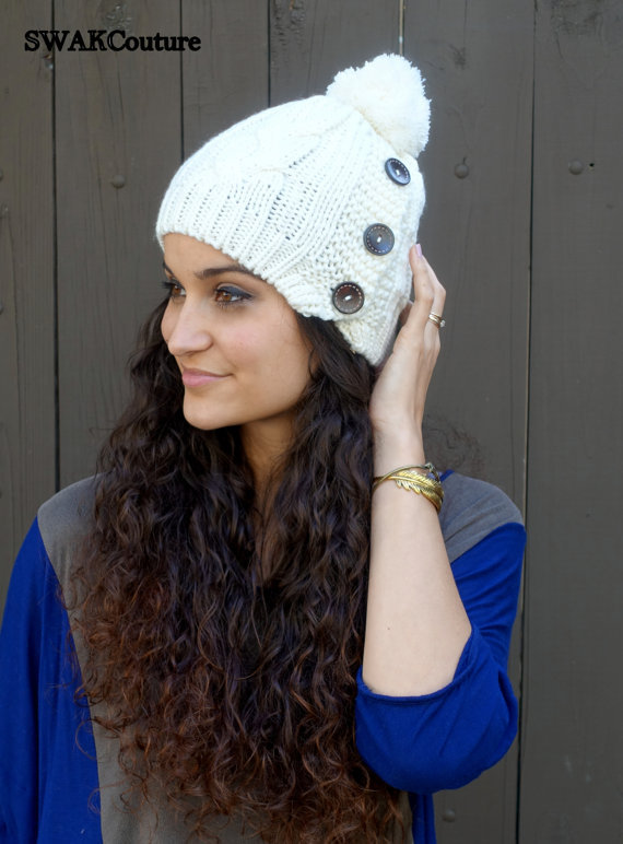3 Button Pom Pom Hat Knit Beanie Winter White Knit Cap 