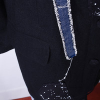 BLACK CREATIVE DECORATIVE PATCHWORK WOOLEN COAT JACKET - Thumbnail 4