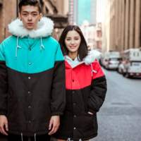 TURQUOISE and RED HOODIE FUR COLLAR COTTON WINTER COAT JAPANESE - Thumbnail 1