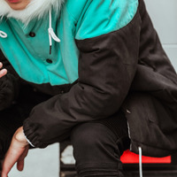 TURQUOISE and RED HOODIE FUR COLLAR COTTON WINTER COAT JAPANESE - Thumbnail 2