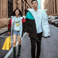 TURQUOISE and RED HOODIE FUR COLLAR COTTON WINTER COAT JAPANESE - Thumbnail 3