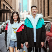 TURQUOISE and RED HOODIE FUR COLLAR COTTON WINTER COAT JAPANESE - Thumbnail 4