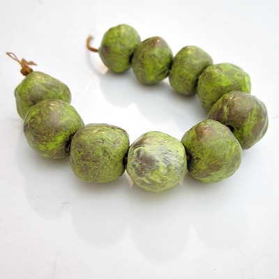 Handmade old gold and green rustic paper mache beads, 10 pcs made to order