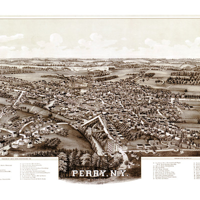 Perry, new york in 1892- bird's eye view, aerial, panorama, vintage, antique map, reproduction, giclée, fine art, wall map, history