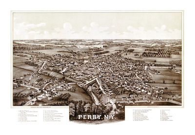 Perry, New York in 1892- Bird's Eye View, Aerial, Panorama, Vintage, Antique Map, Reproduction, Giclée, Fine Art, Wall Map, History