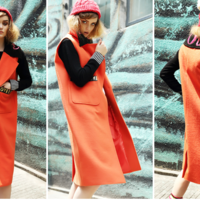 CarROUsel ORANGE WOOLEN LONG VEST WITH GREEN BUCKLE - Thumbnail 2