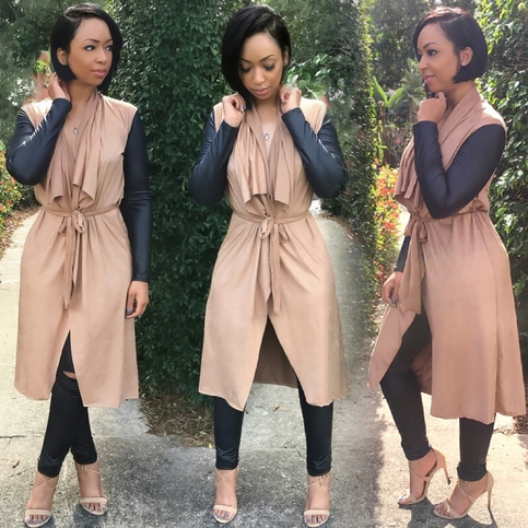 Suede PU Leather Sleeve Tunic-Camel