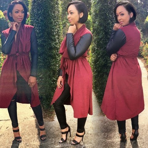 Suede PU Leather Sleeve Tunic-Burgundy