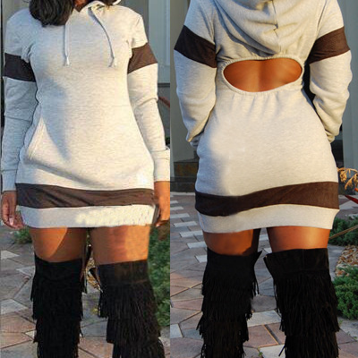 Casual long sleeves grey cotton blend sheath mini women dress 