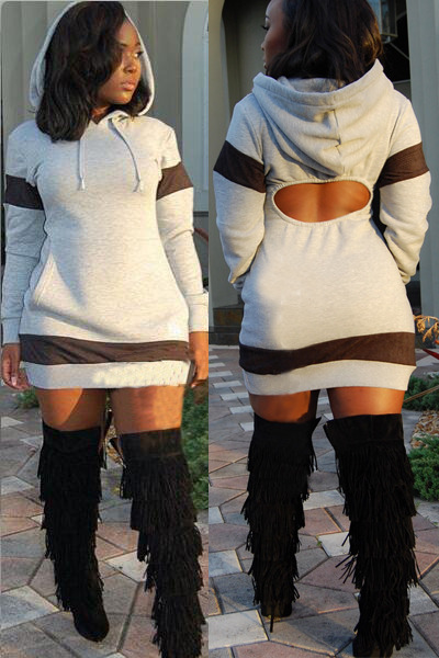 Casual Long Sleeves Grey Cotton Blend Sheath Mini Women Dress 