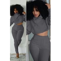 Turtleneck Long Sleeves Grey Cotton Blend Two-piece Pants Set