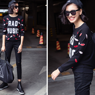 Othermix black with red sexy lips figured sweatshirt 5ml3964y