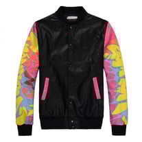 BIGBANG COLORFUL BLACK SYNTHETIC LEATHER BASEBALL SLIM FIT JACKET