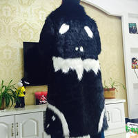 BRITISH LONDON STYLE DEVIL PRINTED FAUX ANTI FOX FUR LONG BLACK JACKET - Thumbnail 2