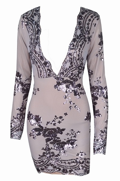 Silver Sequined Nippon Flower V-neck Dress