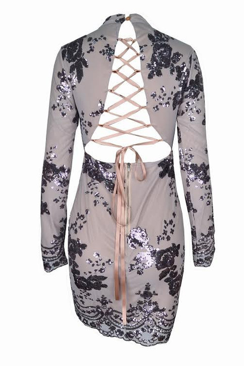 Silver Backless Sequined Nippon Flower Dress