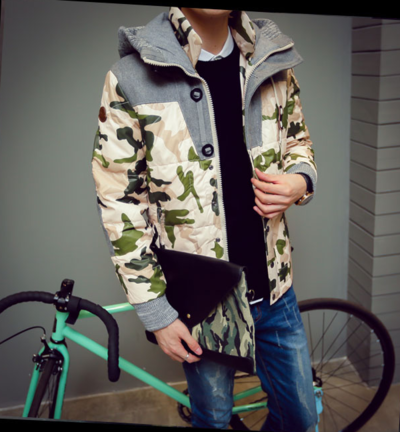 JAPANESE FASHION MULTICOLOR CAMOUFLAGE WOOLEN STITCHED HOODED WINTER COAT A117-A99-F165