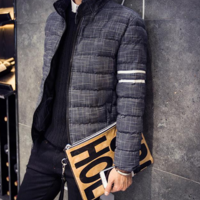 DARK BLUE KOREAN STYLE RIBBED WORK WARM COTTON COAT - Thumbnail 1