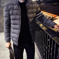 DARK BLUE KOREAN STYLE RIBBED WORK WARM COTTON COAT - Thumbnail 3