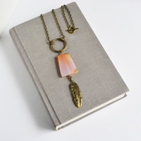 Long Necklace, Feather Necklace, Long Bohemian Style Necklace,Peach Agate Stone - Thumbnail 3