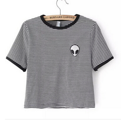 Free Shipping-ALIEN HEAD STRIPED TSHIRT