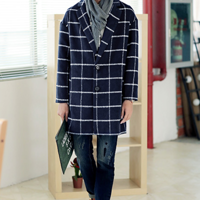 Korean brand navy woolen plaid overcoat 5mn051 - Thumbnail 5