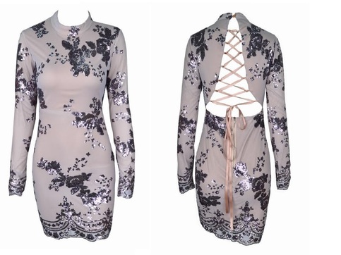 Silver Backless Sequined Nippon Flower Dress