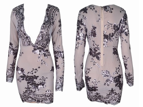 Silver Sequined Nippon Flower V-neck Dress