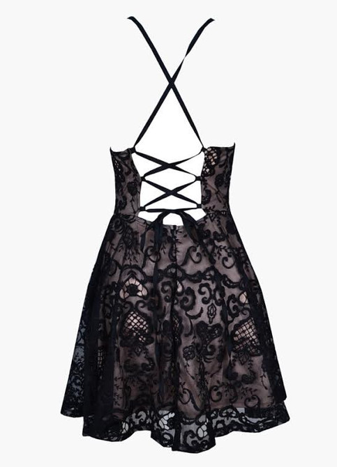 Black Puff Lace Halter Dress