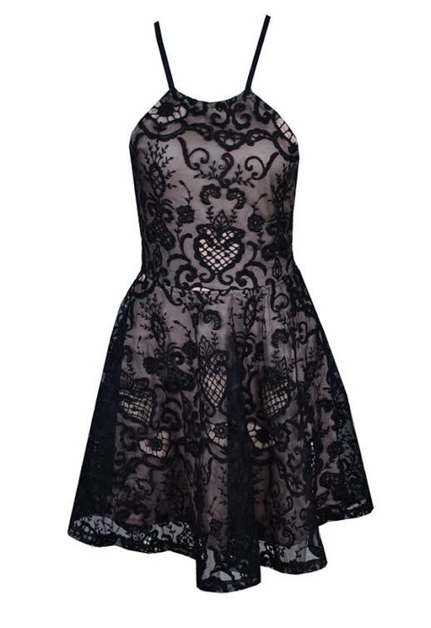 Black Puff Lace Halter Dress