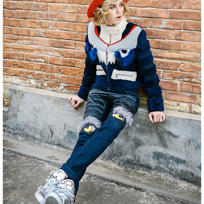 Maxmartin navy blue stylish faux fur jacket m3626j654 - Thumbnail 5