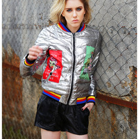 MAXMARTIN METALLIC SILVER CARTOON PATCH WORK FIGURED WINTER COAT M8636R154 - Thumbnail 2