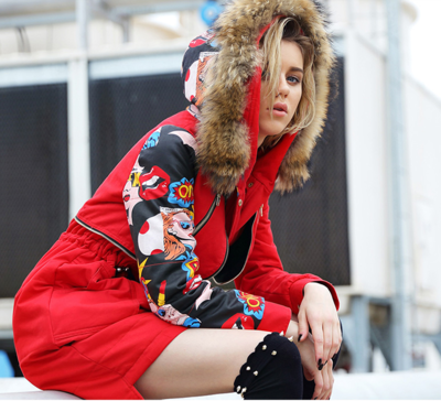 MAXMARTIN RED ABSTRACT PATTERN FIGURED FUR COLLAR WINTER COAT M5099M253