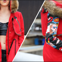 MAXMARTIN RED ABSTRACT PATTERN FIGURED FUR COLLAR WINTER COAT M5099M253 - Thumbnail 1